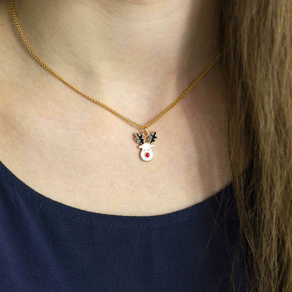 mage shows model wearing Rudolph Reindeer Necklace