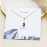 Image shows September Sapphire Birthstone Pendant Necklace on a September birthstone charactaristic card