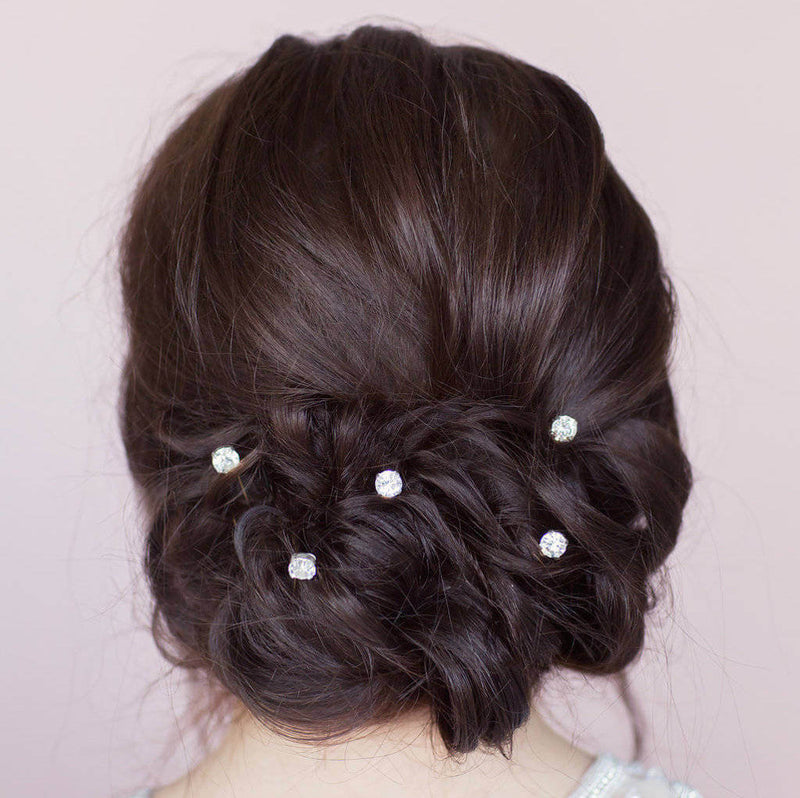 Image shows model wearing Set of Five Diamante Wedding Hairpins