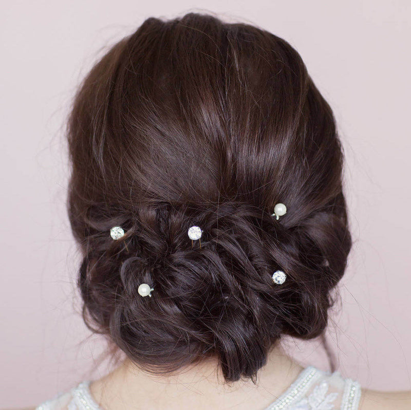 Image shows model wearing Set of Five Pearl & Diamante Wedding Hairpins