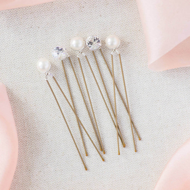 Image shows Set of Five Pearl & Diamante Wedding Hairpins