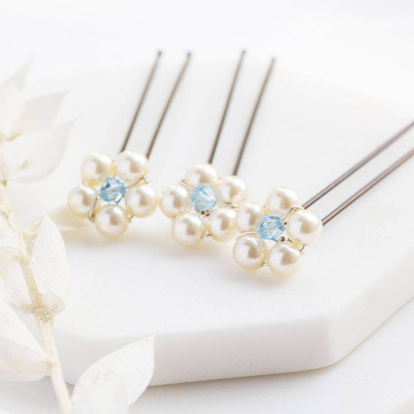 Image shows Set of Three Something Blue Pearl Flower Hairpins