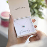 Image shows  silver mini family birthstone charm necklace with April, February and December birthstones in a gift box on a family sentiment card