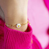 Image shows model wearing Smiley Face Flower Chunky Chain Bracelet