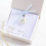 Something blue pearl flower charm in a JOY gift box on a  Old, New, Borrowed Blue sentiment card