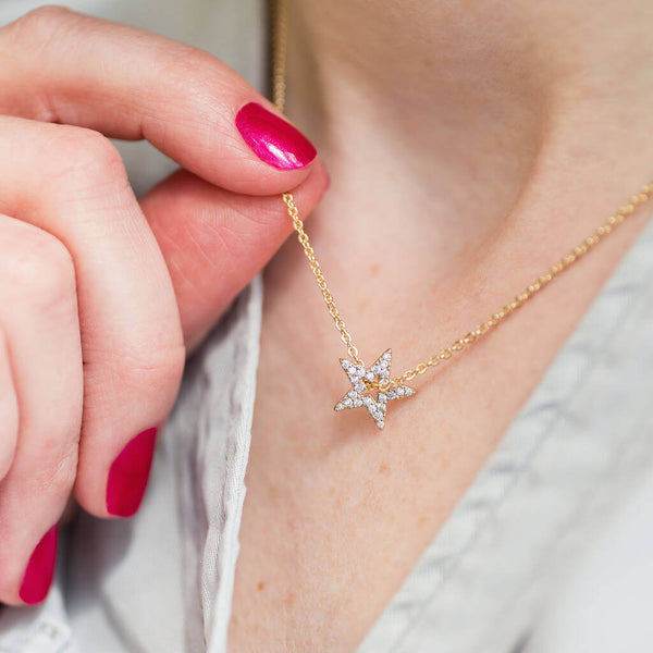Image shows model wearing gold Sparkle Star Threader Necklace