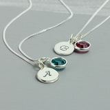 Image shows two sterling silver personalised birthstone necklaces