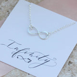 Image shows Sterling Silver Infinity Necklace on an Infinity sentiment card 