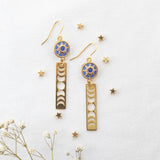 Image shows blue Sun and Moon Phases Long Drop Earrings