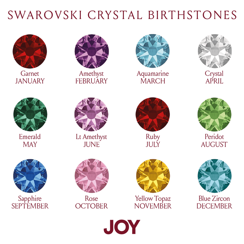 Image shows Swarovski Crystal Birthstones Chart, from top left; Garnet January, Amethyst February, Aquamarine March, Crystal April, Emerald May, Light Amethyst June, Ruby July, Peridot August, Sapphire September, Rose October, Yellow Topaz November, Blue Zircon December.