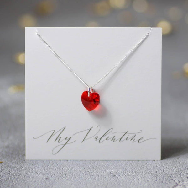 Image shows red Swarovski Crystal Heart Necklace on a My Valentine sentiment card