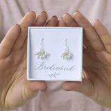 Image shows model holding a gift box with Swarovski Pearl Cluster Charm Earrings in a Bridesmaid sentiment card