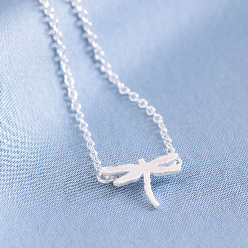 Image shows Tiny Dragonfly Symbolic Necklace on a blue background