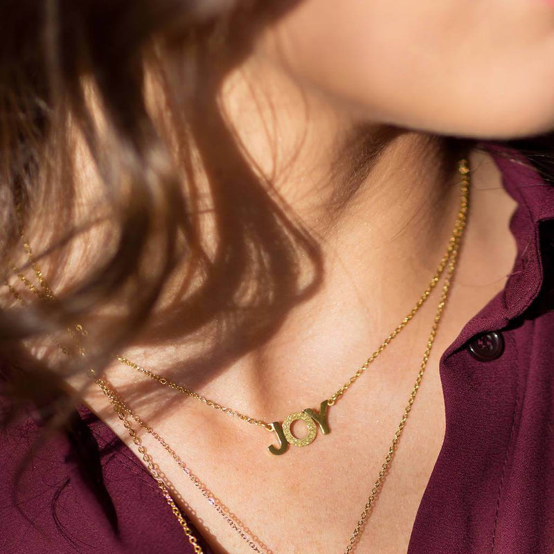 Image shows model wearing gold Wear It With JOY Necklace