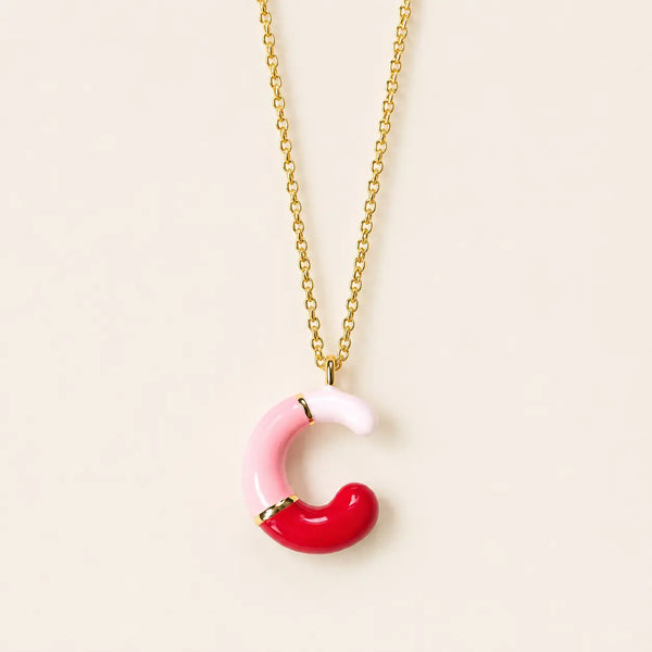 Pink enamel personalised initial necklace with C letter pendant on a gold chain