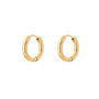 Image shows plain gold huggie hoop earrings on white background