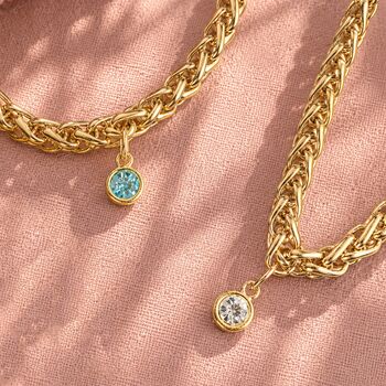 Gold plated rope chain bracelets with colourful birthstone charms, statement jewellery for stacking and layering.