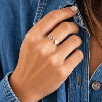 Adjustable silver initial ring with crystal P and heart detail, perfect for stacking and everyday styling