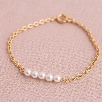 Gold plated Swarovski pearl bracelet with four luminous pearls, minimalist jewellery for stacking with favourites.