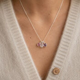 Silver family birthstone charm pendant with lilac crystal charms, delicate jewellery for everyday layering.