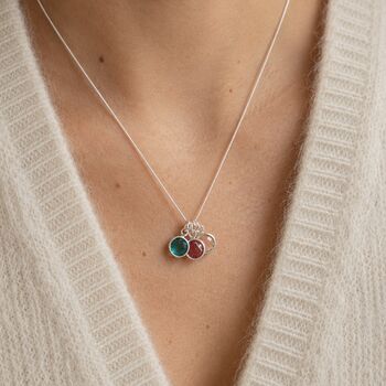 Silver family birthstone charm pendant with colourful crystals, elegant layering jewellery for everyday styling.