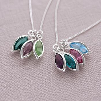 Silver marquise birthstone charm necklaces with colourful crystal details, timeless jewellery for layering.