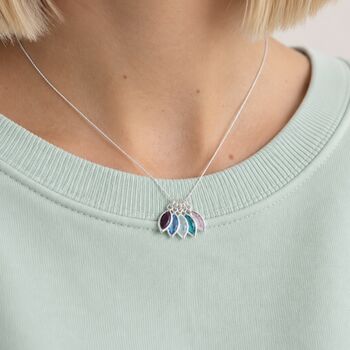 Silver birthstone marquise charm necklace with colourful crystal leaf charms, delicate everyday layering jewellery.