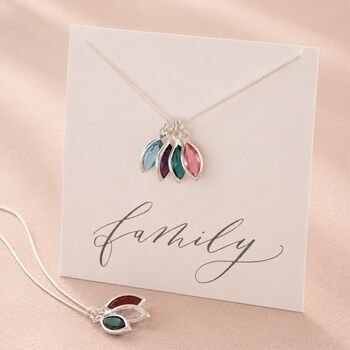 Silver marquise birthstone charm necklace on a Family keepsake card, colourful personalised jewellery.