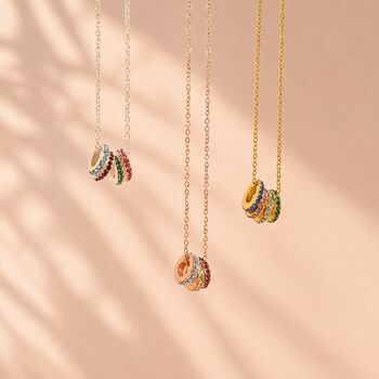 Birthstone rings necklaces in silver, rose gold and gold, colourful jewellery for layering and styling