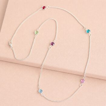 Silver long birthstone necklace with colourful crystal accents, delicate personalised jewellery for effortless layering.
