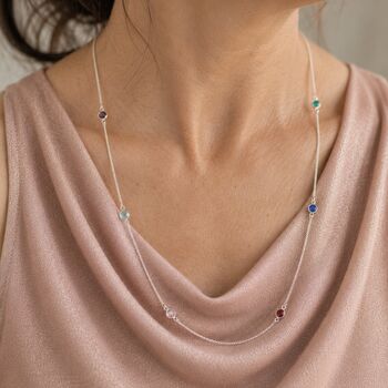 Long silver birthstone necklace with colourful crystal details, elegant layering jewellery for everyday personalised style.