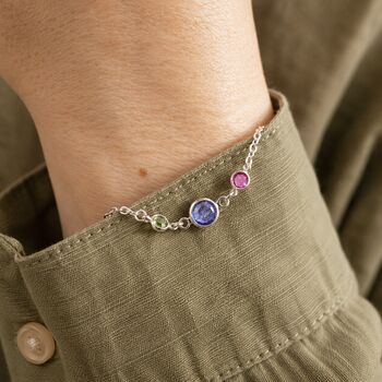 Silver plated birthstone bracelet with colourful crystal charms, minimalist personalised jewellery for everyday layering.