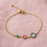 Gold birthstone bracelet featuring aqua, pink and blue crystals on a delicate adjustable chain