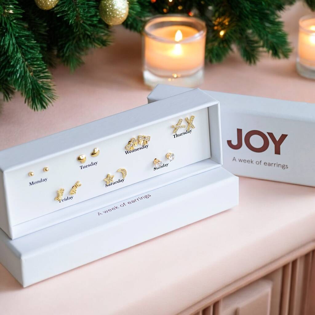 A week of earrings shown in gold displayed int he the JOY box.