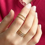 Image shgows model wearing double and triple band gold plated rings
