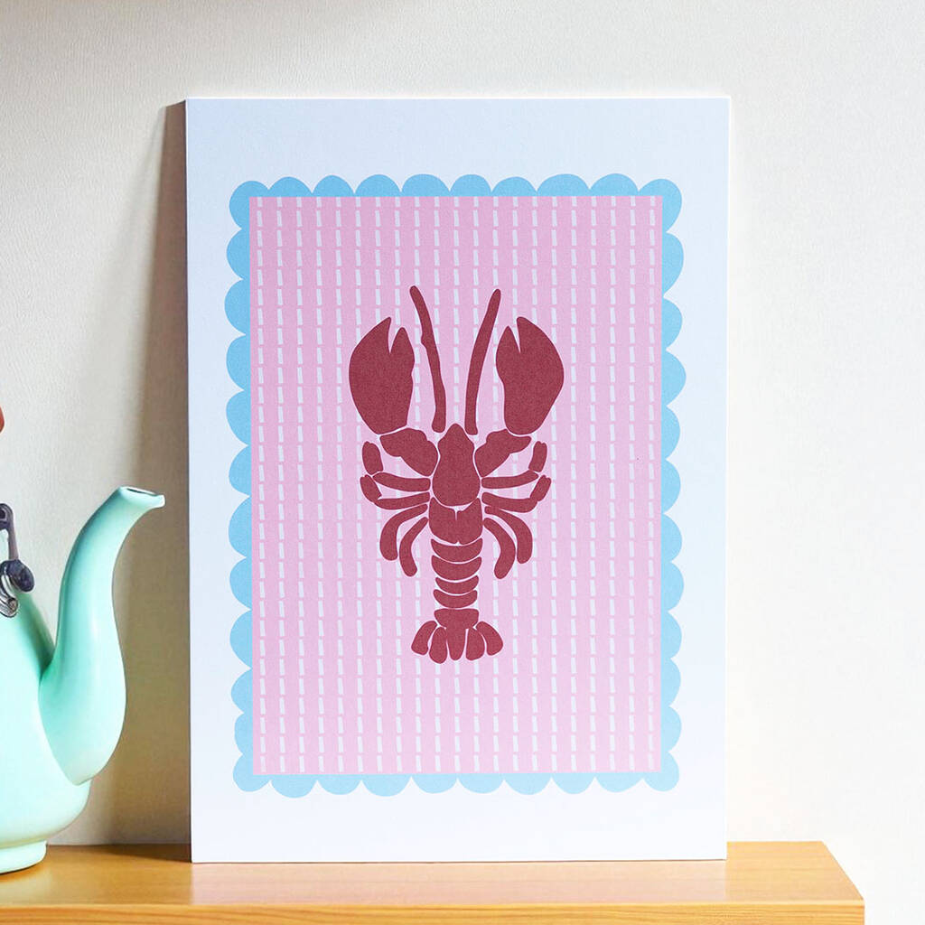 Bold Lobster A5 art print with red lobster silhouette on pastel pink and blue background