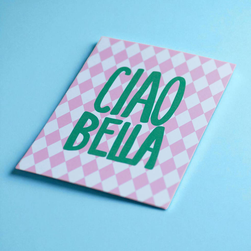Pink Italian wall art print with Ciao Bella lettering, perfect for kitchen or dining room decor