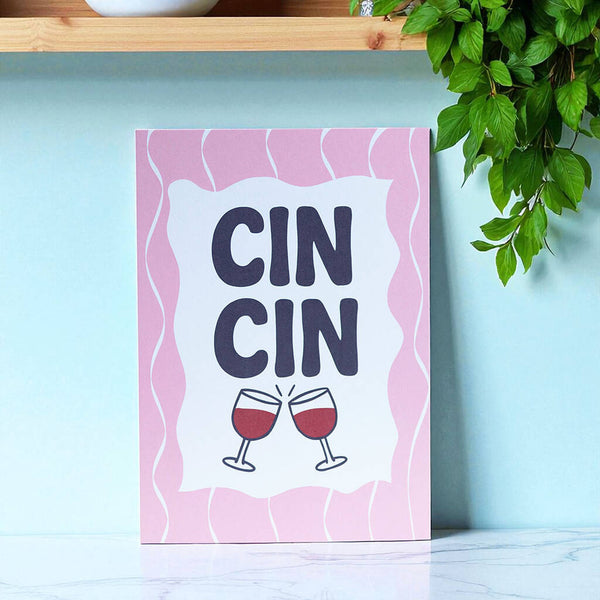 Cin Cin pink A5 art print with wine glasses illustration