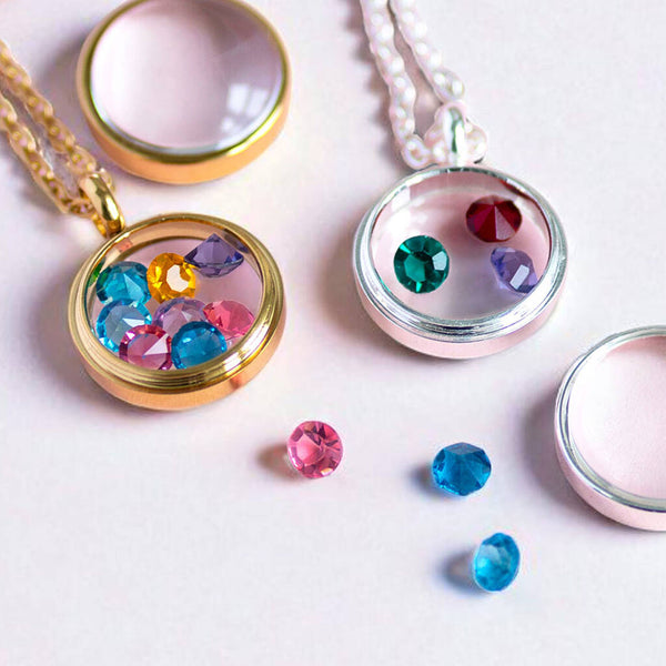 Create a custom family silver or gold birthstone necklace with glass locket and personalised crystals