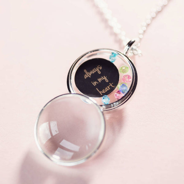 Round personalised locket with birthstones and engraved inner disc in silver