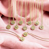 image shows the twelve crystal zodiac coin necklaces displayed on a pink background