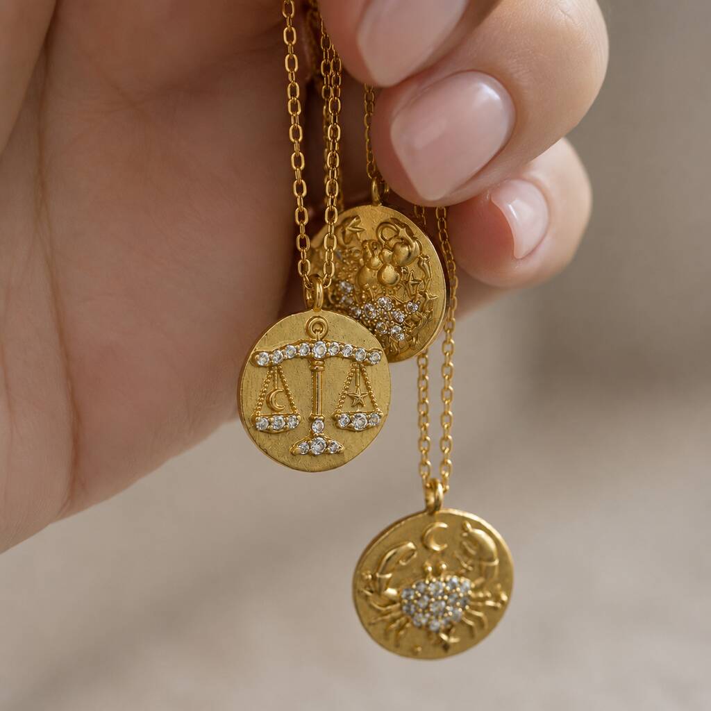 Close-up of gold zodiac coin necklaces with crystal-embellished Libra and Cancer charms on fine chains