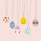 Display of 5 different designs of enamel easter egg charm gold plated necklaces