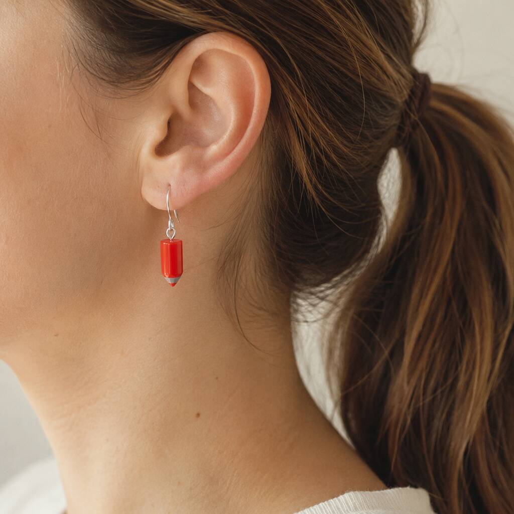 Red pencil drop earrings with silver hooks, playful colourful jewellery for adding a fun pop of style.