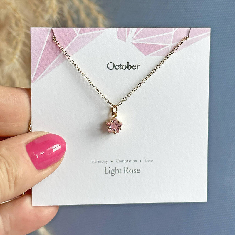 Image shows dainty birthstone star necklace with october birthstone on a birthstone card 