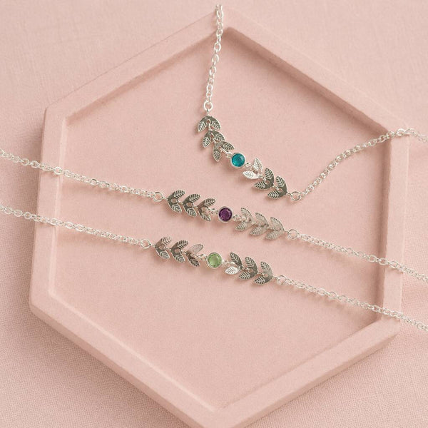 Three silver plated vine birthstone bracelets with colourful crystals, ideal for stacking or gifting