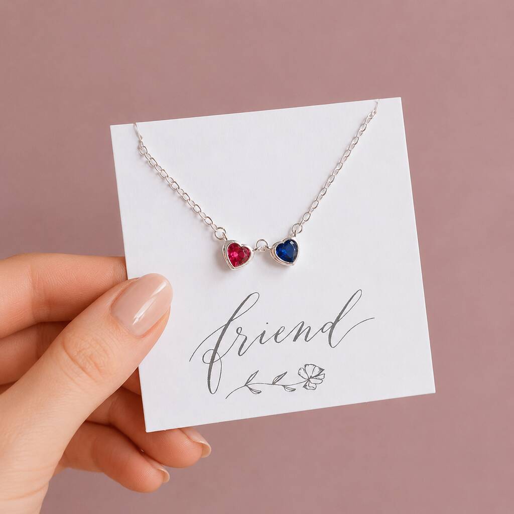 Double heart birthstone necklace displayed on sentiment card with colourful crystal heart charms