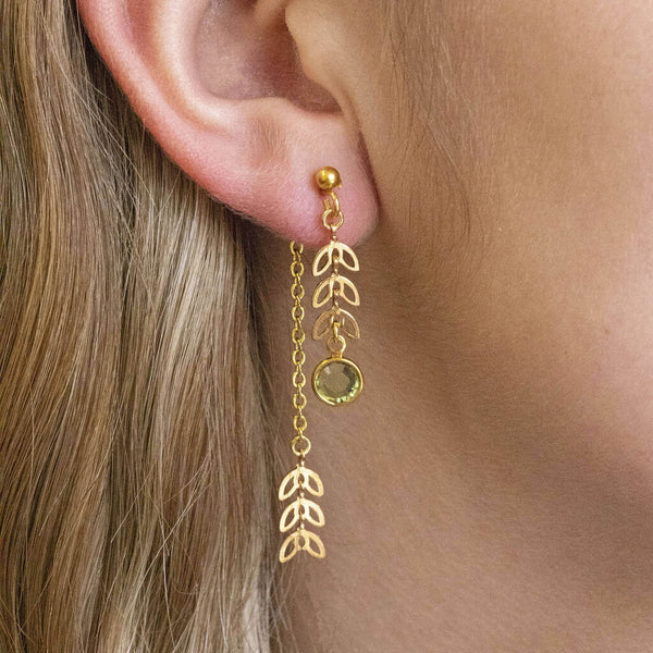 Model wears Double Drop Leaf Chain Birthstone Earrings with August Peridot Birthstone.