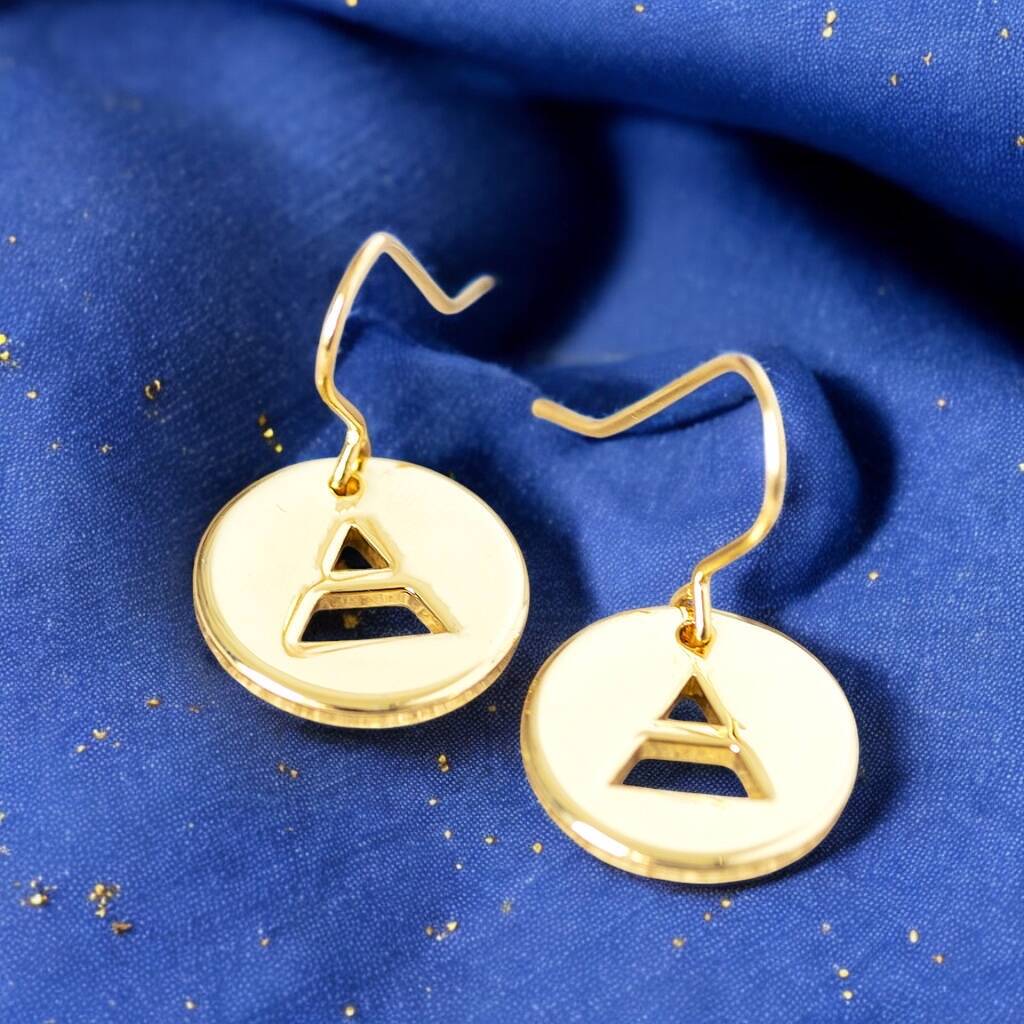 image shows gold air element earrings presented on a blue background with gold sparkle