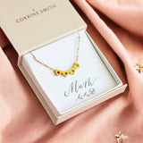 Gold Family Birthstone Sliding Hearts Necklace with colourful crystal hearts, styled in JOY gift packaging